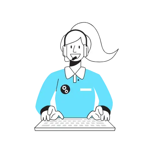 Person with a headset, sitting at a desk and typing on a keyboard, wearing a blue shirt with a gear symbol